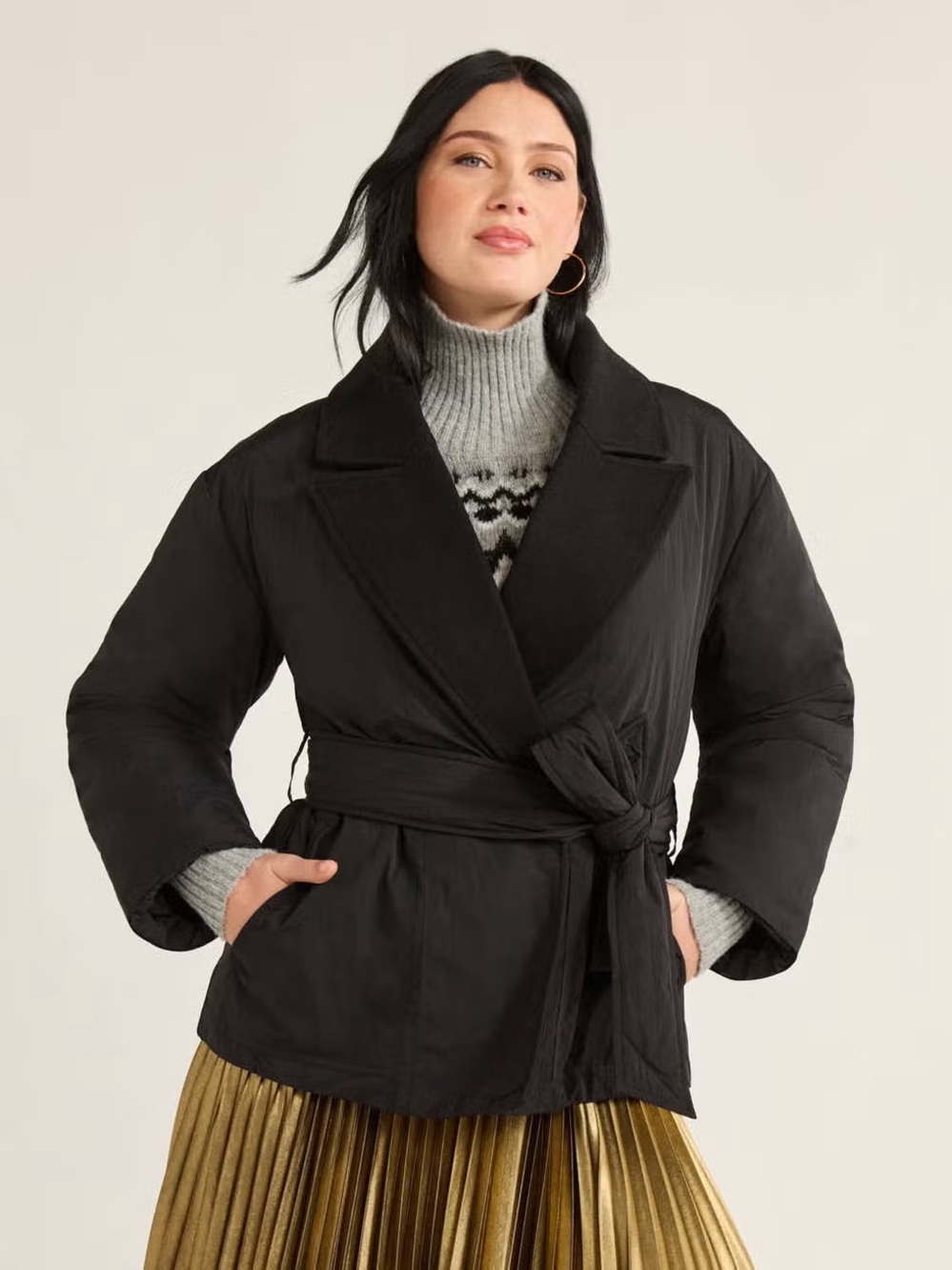 Free Assembly Women’s Quilted Cocoon Puffer Jacket w/Belt, Black, Sz M, NWT